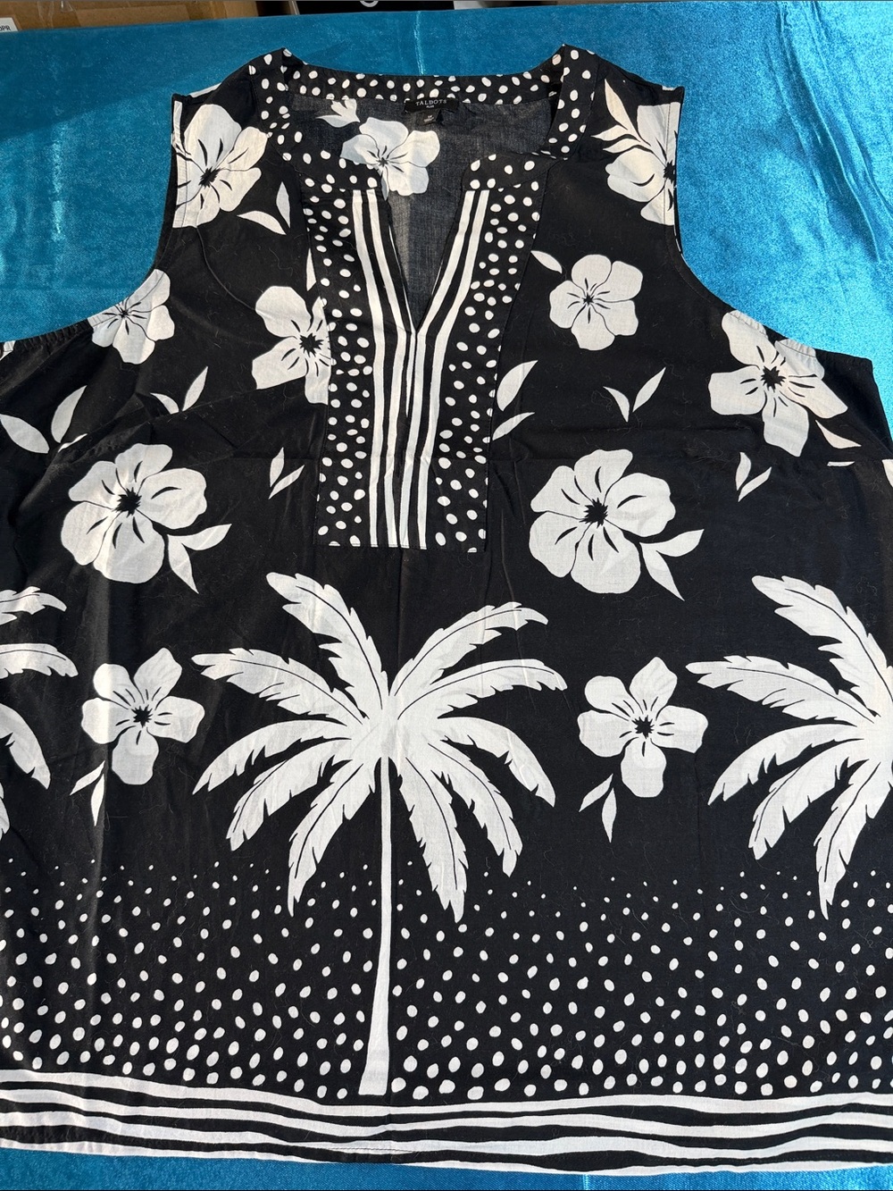Talbots Black and White Palm & Floral Sleeveless Tank